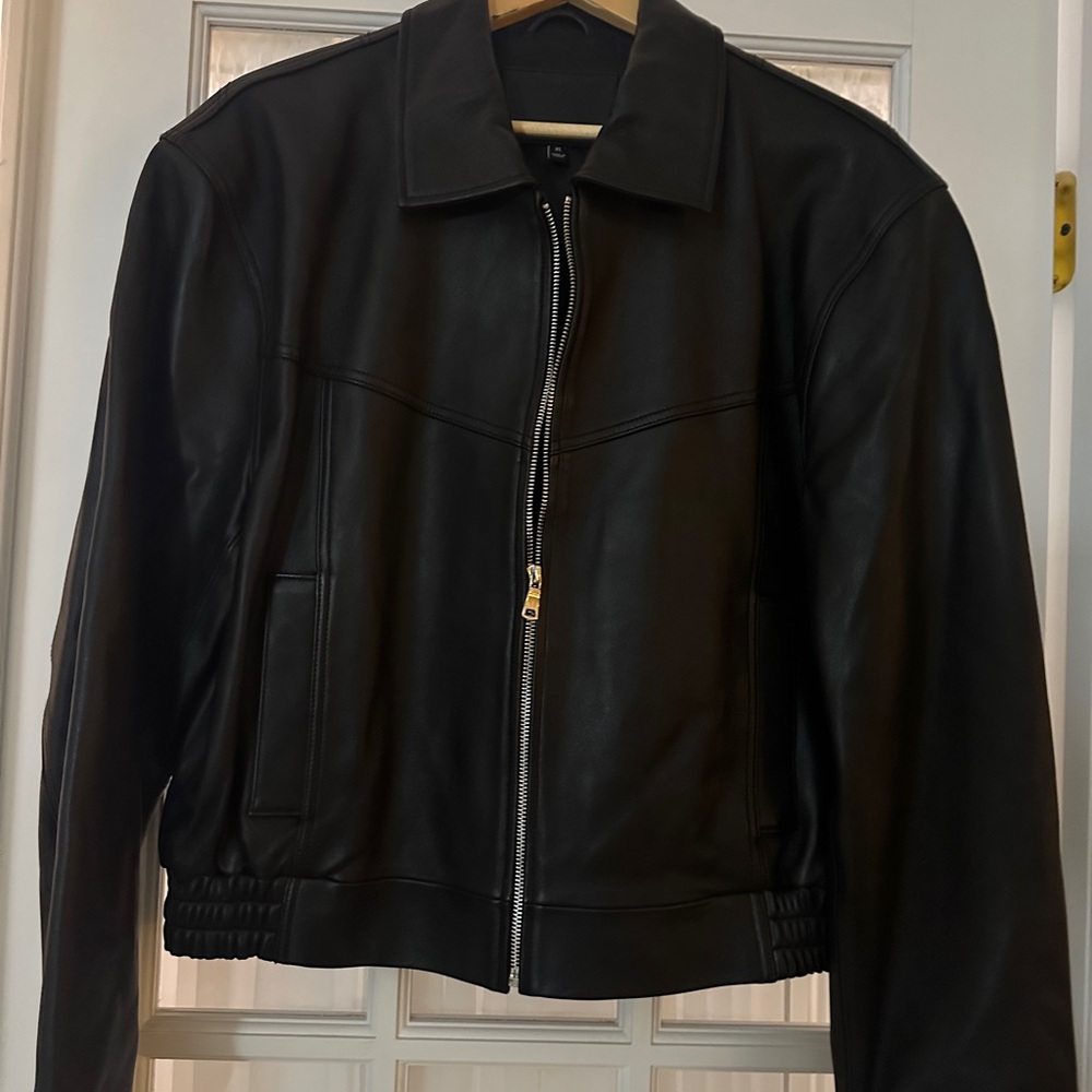 Source Unknown-Sample Black Leather Bomber Jacket… - image 1